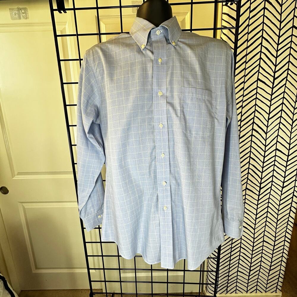 Brooks Brothers Mens Dress Shirt 15 1/2 Classic Fit Blue Yellow Windowpane Grid
